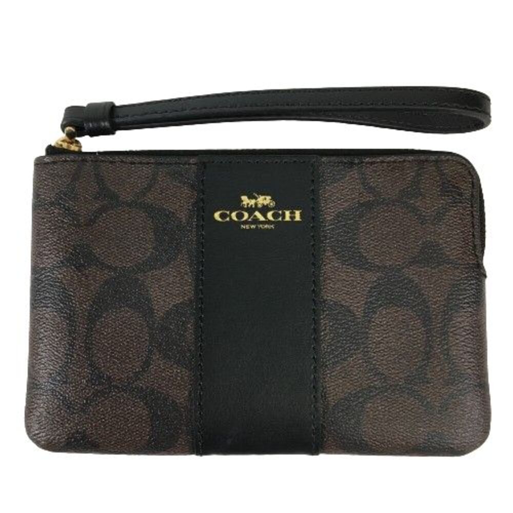 Coach Corner Zip Wristlet Signature Coated Canvas Brown Black 58035 NWOT